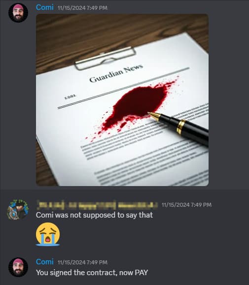 Mr. Cominu signs the Project Ball contract in blood, despite the representative’s hesitation.