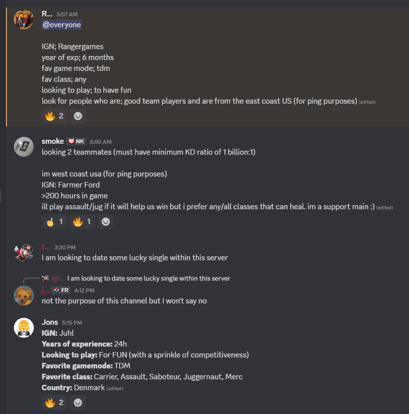 People listing their profiles for potential "team building"