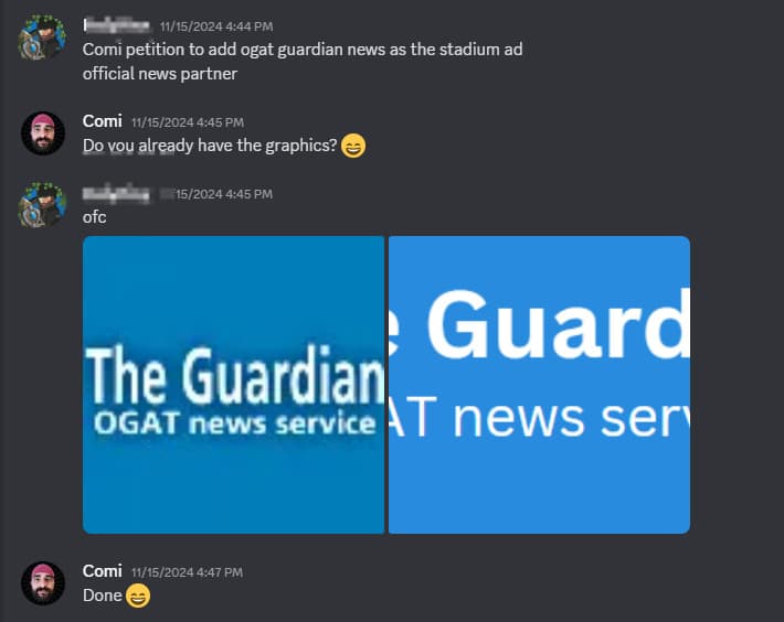 The Guardian representative requests ad placement while Mr. Cominu approves.